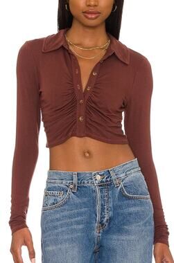 Lovers + Friends Brown Ruched Crop Top XS Button Up Y2K Long Sleeve Bodycon $128